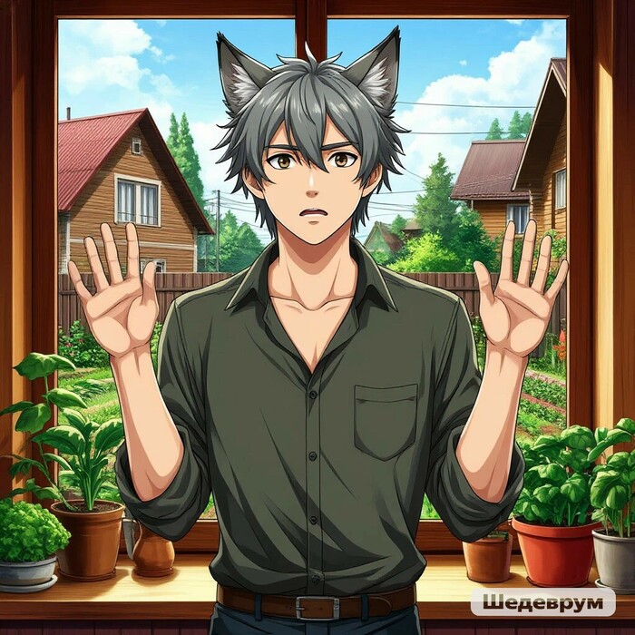 Очередная часть фанфика - неожиданный гость, и новая семья Арты нейросетей, Контент нейросетей, Шедеврум (Яндекс), Милота, Anime Art, Animal Ears, Уши, Хвост, Кицунэ, Фанфик, Мужчины и женщины, Дочь, Юмор, Длиннопост