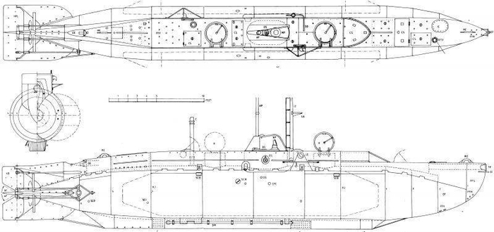 Схематичное изображение сверхмалой субмарины типа X. Водоизмещение в подводном положении — 29,7 (некоторые источники указывают 35) тонн, длина составляла 15,8 метров, а ширина — 1,8 метров, скорость экономичного хода не превышала 4,5 узла