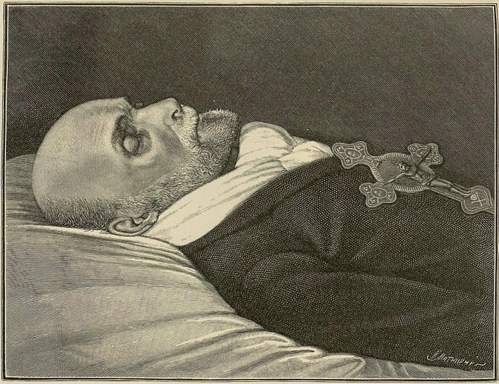 «Николай Иванович Пирогов в день смерти». Гравюра Ивана Ивановича Матюшина, 23 ноября 1881  года.