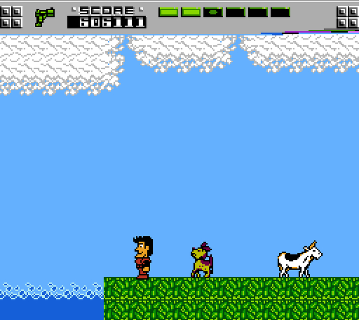 вот эта собака, вот эта корова, а с другой стороны воды - остров, где и лежит кость, которую надо принести собаке, только чтобы приплыла лодка, нужно сесть на краю, и вот как об этом догадаться? - это место выглядит просто, как край уровня