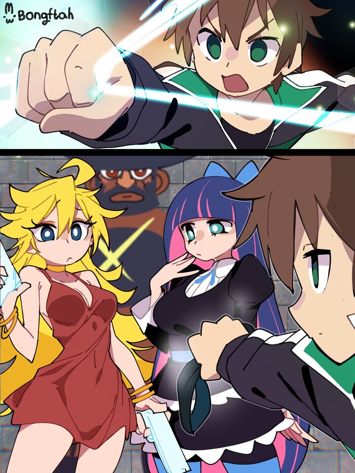  ,    , Anime Art, Aqua, Satou Kazuma, Konosuba, , Bongf, Panty Stocking with Garterbelt