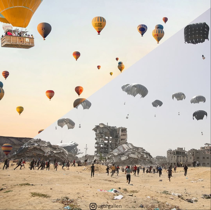 Снизу-фото как падает гуманитарка в Газу