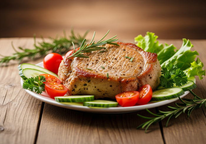 Стейк из свинины с свежими овощами