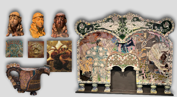 Работы Абрамцевской керамической мастерской: преимущественно Врубеля, но также слева братина Головина, и изразец П.К. Ваулина (в нижнем ряду самый левый, с сине-бирюзовым фоном)