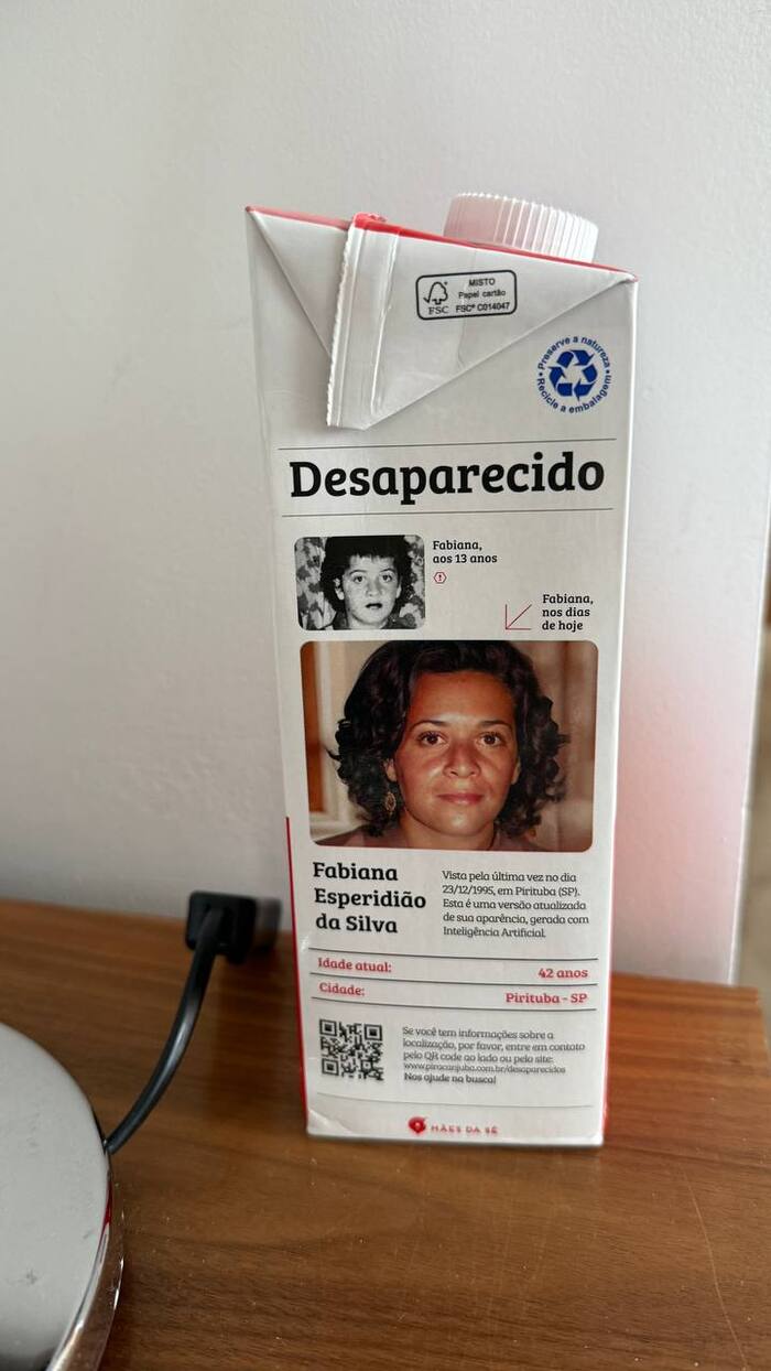 В Бразилии на коробках молока публикуют фото пропавших много лет назад людей и ИИ версию их взрослой фотографии
