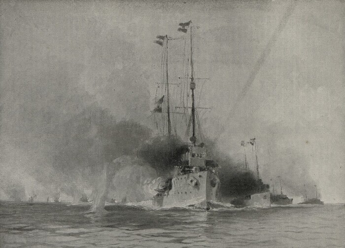 Лёгкий крейсер Helgoland и миноносцы Tátra, Csepel и Balaton в битве при Дураццо, 29 декабря 1915 года. Картина художника-мариниста Августа фон Рамберга для книги «Европейская война и Мировая война», 1917 год