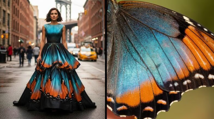 Справа: Крупный план крыла бабочки. Слева: Изображение, созданное Gemini с использованием текстуры бабочки.( Google )