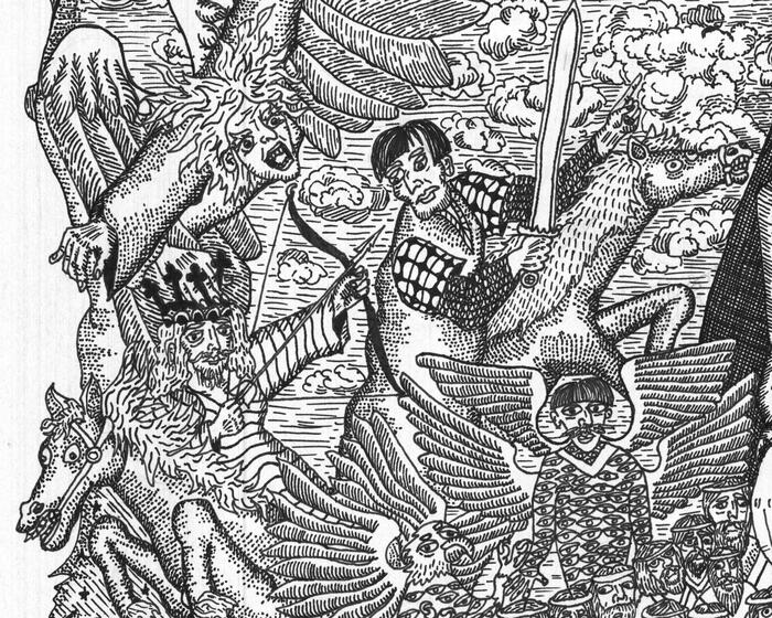 Ангелы по углам, держащие четыре ветра. Видно двух всадников - с луком и с мечом