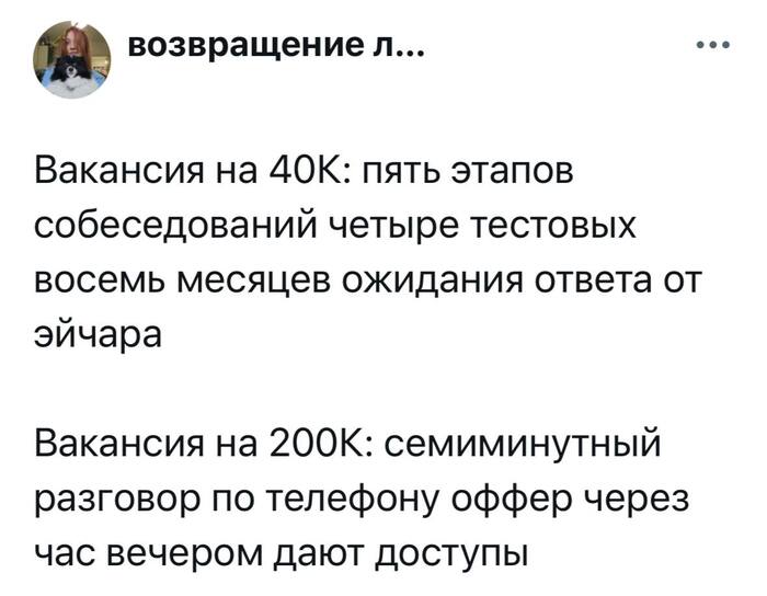 Вакансии на лям: тебе предлагают сами поработать потому что о тебе слышали много хорошего, либо ты родственник