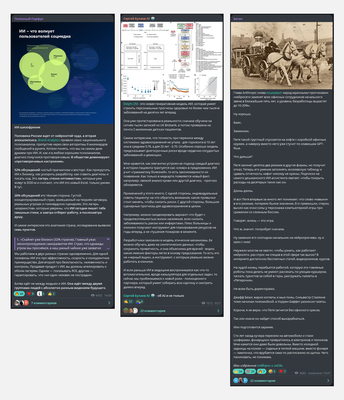 Посты авторских телеграм-каналов о нейросетях