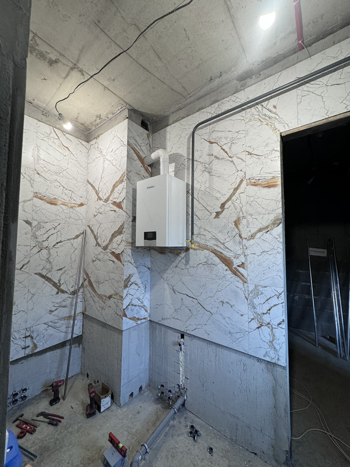 Вайлант, конденсатник на 24 квт. Не хотел портить фасад, поэтому выброс в шахту.