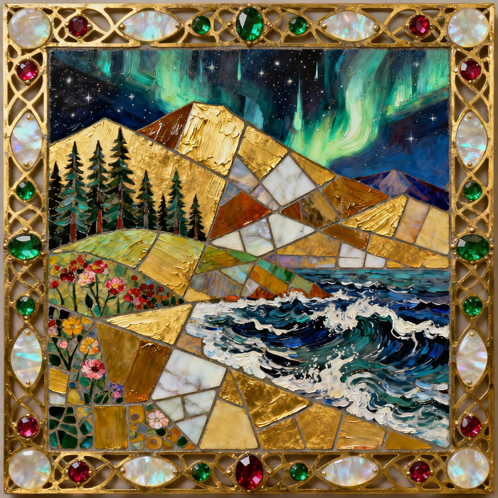 Мозаичный северный пейзаж в драгоценной оправе