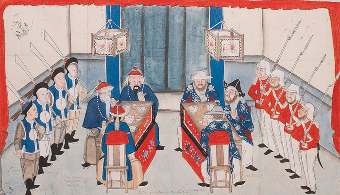 Карикатура на процедуру подписания договоров с европейцами. Предположительно, Тяньцзиньских 1858 г.