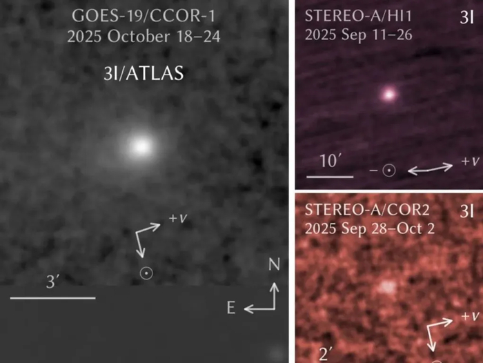 Снимки межзвездной кометы 3I/ATLAS, полученные незадолго до ее максимального сближения с Солнцем (Qicheng Zhang and Karl Battams, 2025).