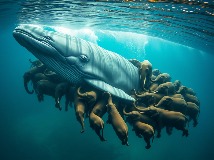 Рой слонов атакует кита