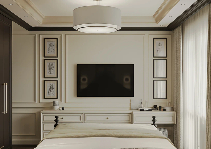 Дизайн интерьера квартиры в ЖК «по ул. Бутлерова», спальня с лепниной от студии Artum.