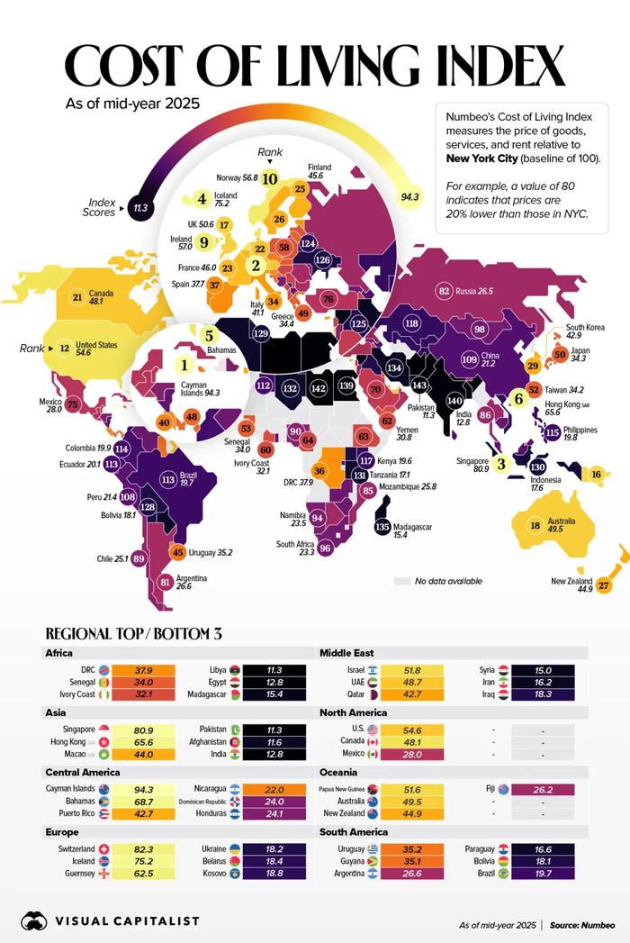 Индекс стоимости проживания по отношению к Нью-Йорку, взятого за 100