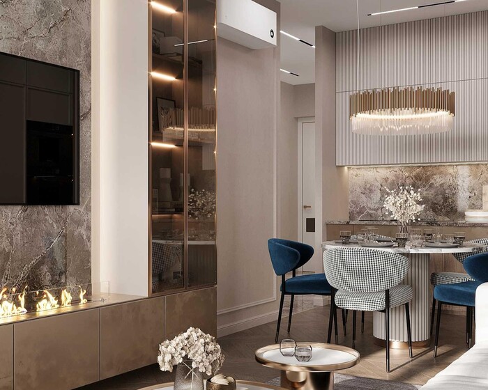 Дизайн интерьера квартиры в ЖК «Фамилия», кухня-гостиная с синими акцентами — проект студии Artum.