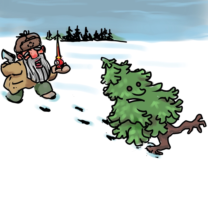 Пооооехали! Подготовка к Новому Году пошла.Ёлка удирает от предлагающего ёлочные украшения дедушки