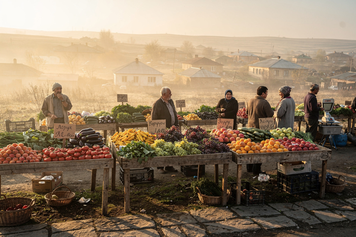 Тоже рынок в селе, но на армянском языке. Надписи конечно провальные, но если не знаешь армянского возможно даже не поймёшь. Лица изменились. Главное набор продуктов изменился! Добавился виноград, персики. Зачёт!