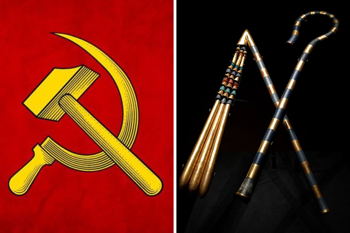 Советские перекрещённые серп и молот и древние инсигнии власти — визуальная параллель, которую трудно развидеть.