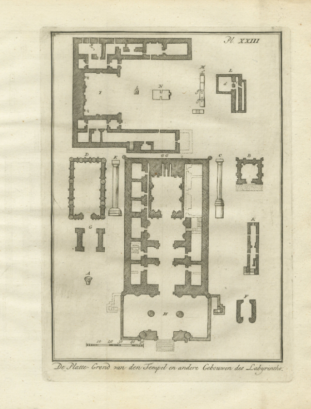 Чертеж из датского издания книги путешественника Ричарда Покока A Description of the East, and Some Other Countries, на нем представлены несколько на тот момент еще сохранившихся наземных строений лабиринта и спусков под землю