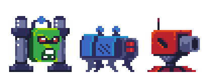 Враги слева направо: лягушка, патрульный, турель