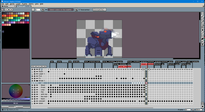 Рисовал спрайты в Aseprite. Много кадров анимации.