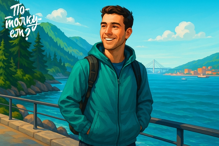 Молодой мужчина с рюкзаком стоит на набережной у моря и смотрит на город