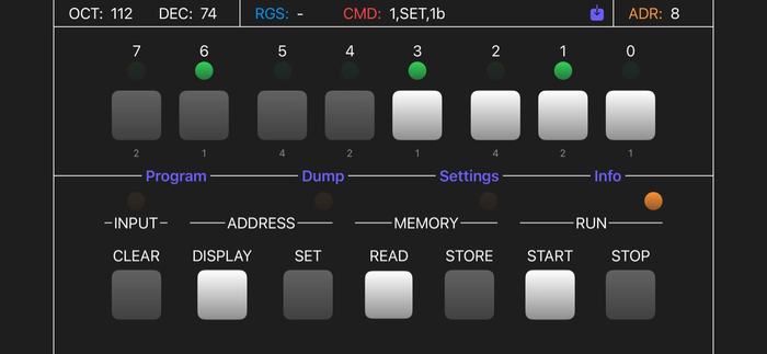 Главный экран приложения — адаптированная передняя панель Kenbak-1