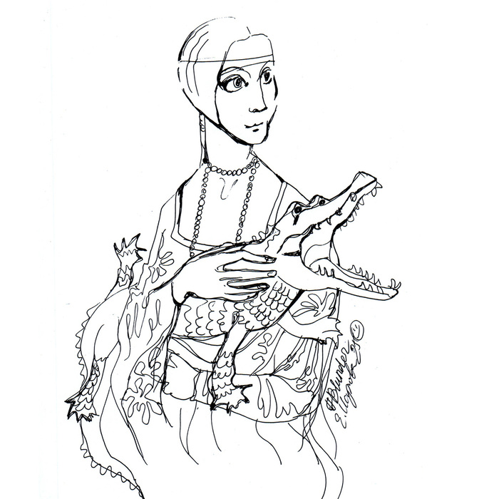 Шарж на картину "Дама с горностаем" (гелевая ручка)