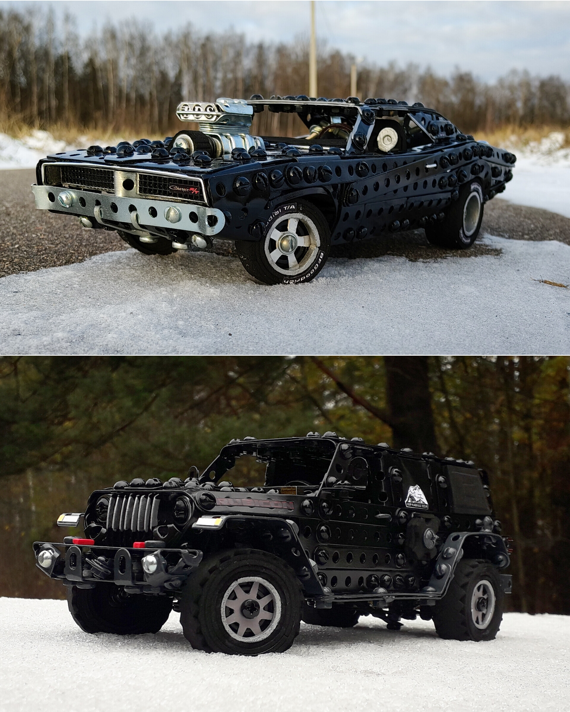 Dodge Charger, Jeep Wrangler made from metal construction kit, wire, rubber, and cardboard - My, Dodge charger, Jeep Wrangler, The fast and the furious, Jeep, SUV, Muscle car, Modeling