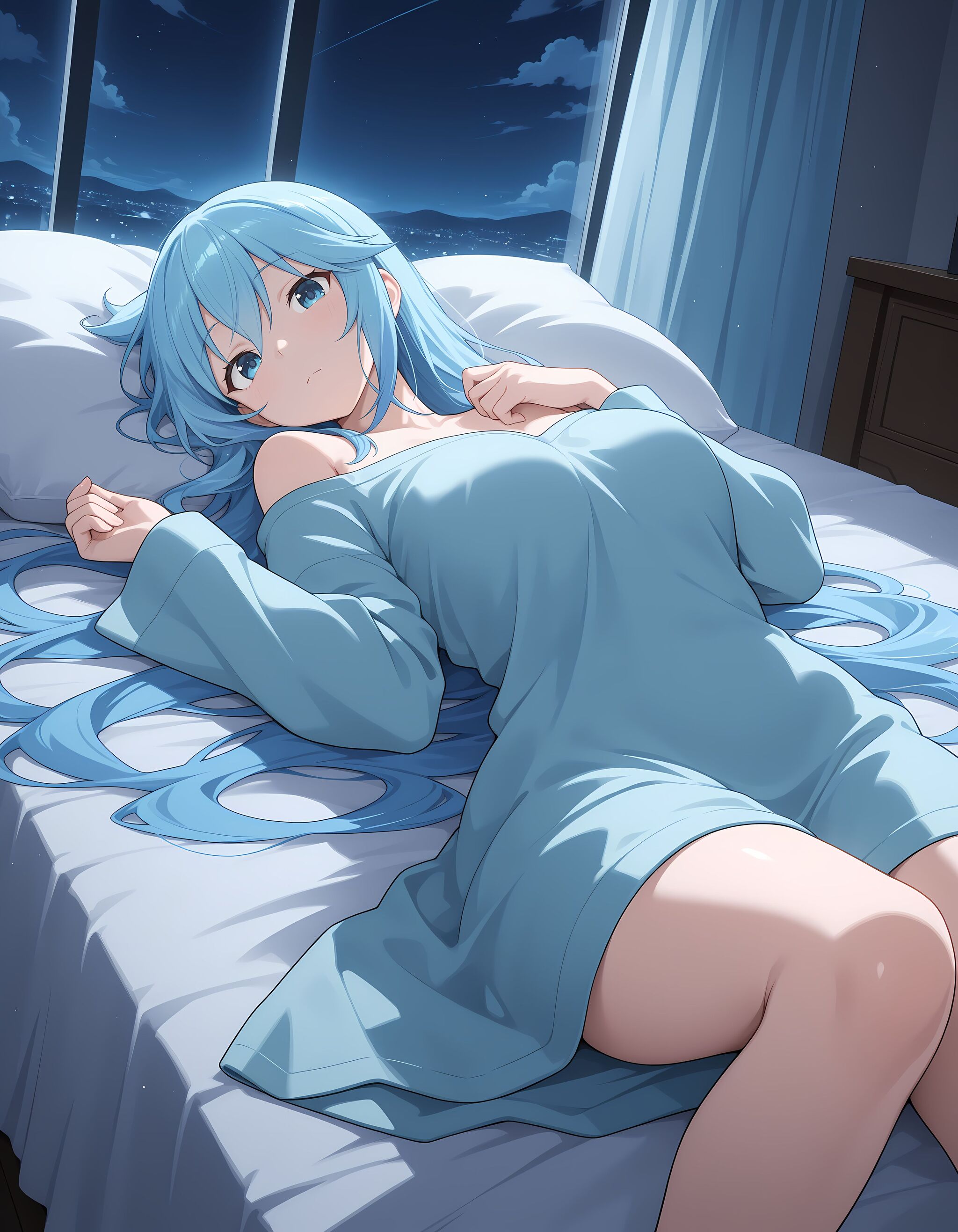 Konosuba, Friday: Aqua - Series Friday Konosuba, My, Neural Network Content, Neural network art, Anime, Anime art, Stable diffusion, Colorful hair, Konosuba, Aqua, Blue eyes, Blue hair