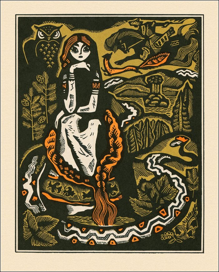 Виталий Волович "Золотой волос", цветная линогравюра, 1963 год