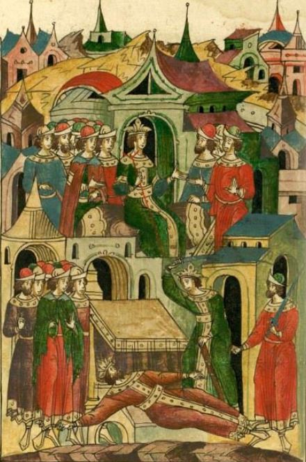 Так изображено убийство хана Тинибека в русской летописи "Лицевой летописный свод".