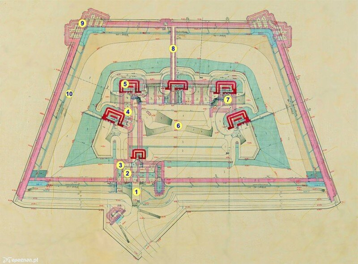 1- главный вход, 2,3 - центральные помещения, 4,5,7 - позиции артиллерии, 6-внутренний двор, 8 - потерна, 9 - кофр, 10 - ров.