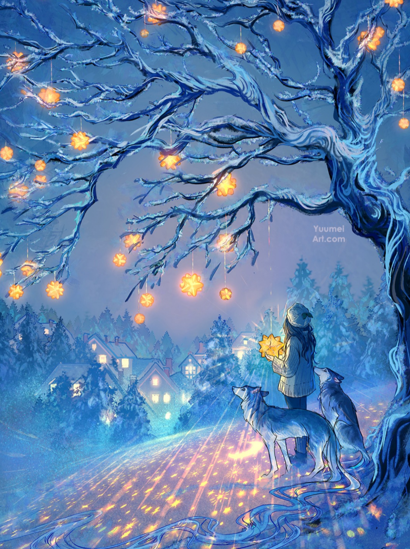 Stars - Art, Drawing, Girls, Dog, Village, Tree, Winter, Stars