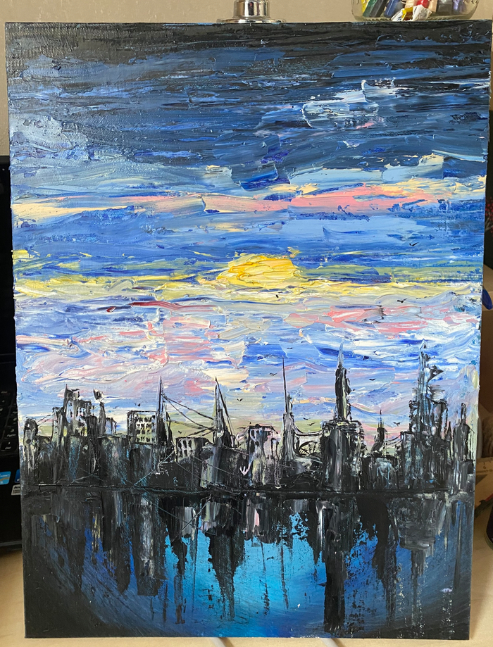 Холст, масло . Название не придумала . Было нарисовано из моей «шизофренической башки» . Я пыталась рефлексировать в этот момент .