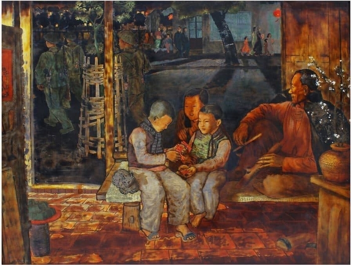 Ле Куок Лок. Лаковая живопись. Встреча Нового года. 1957 г.