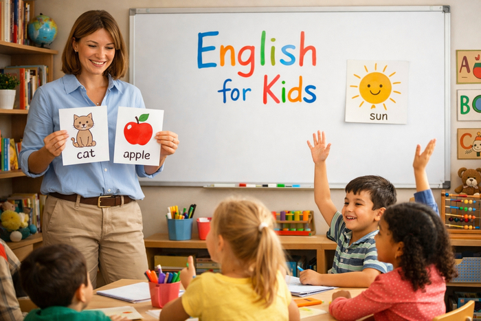 как преподавать английский детям — учитель английского языка проводит урок для детей с карточками и словами на доске