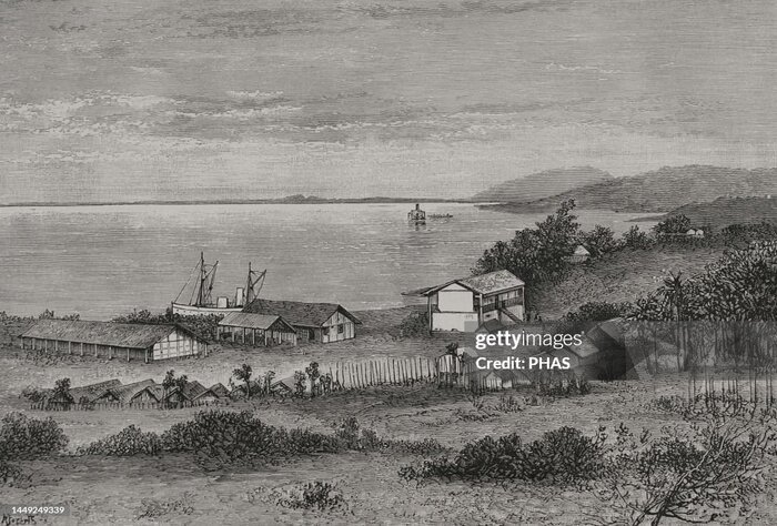 Первые европейские постройки в Бома. Испанская гравюра около 1890 года.