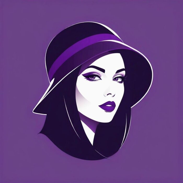 Minimal vector portrait, girl, drawn in simple style, deep purple hat
