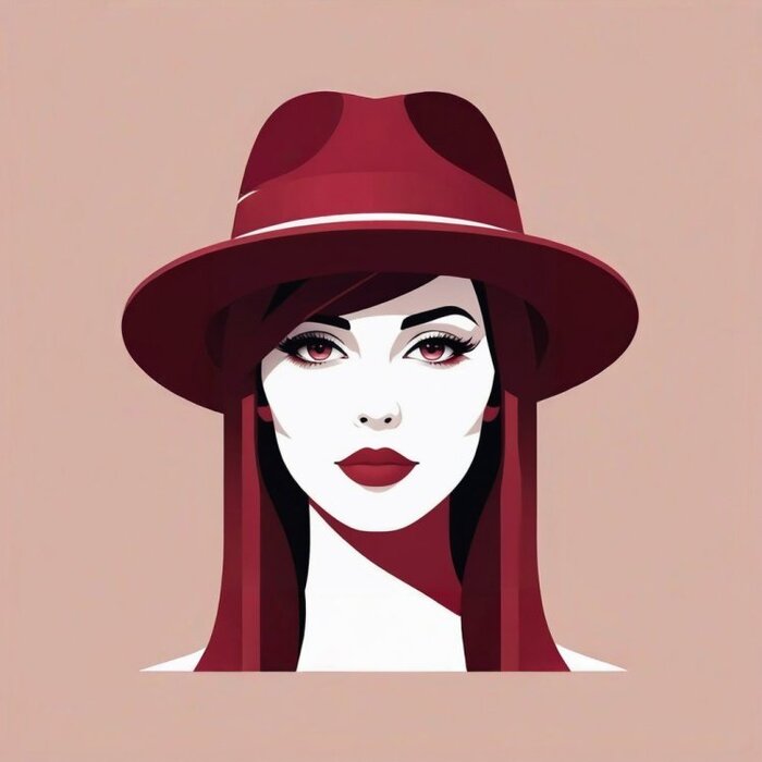Minimalist vector illustration of a young woman, vector graphics, maroon hat accent