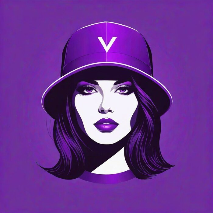 A vector portrait girl, minimalism style, vector art, hat neon violet shade