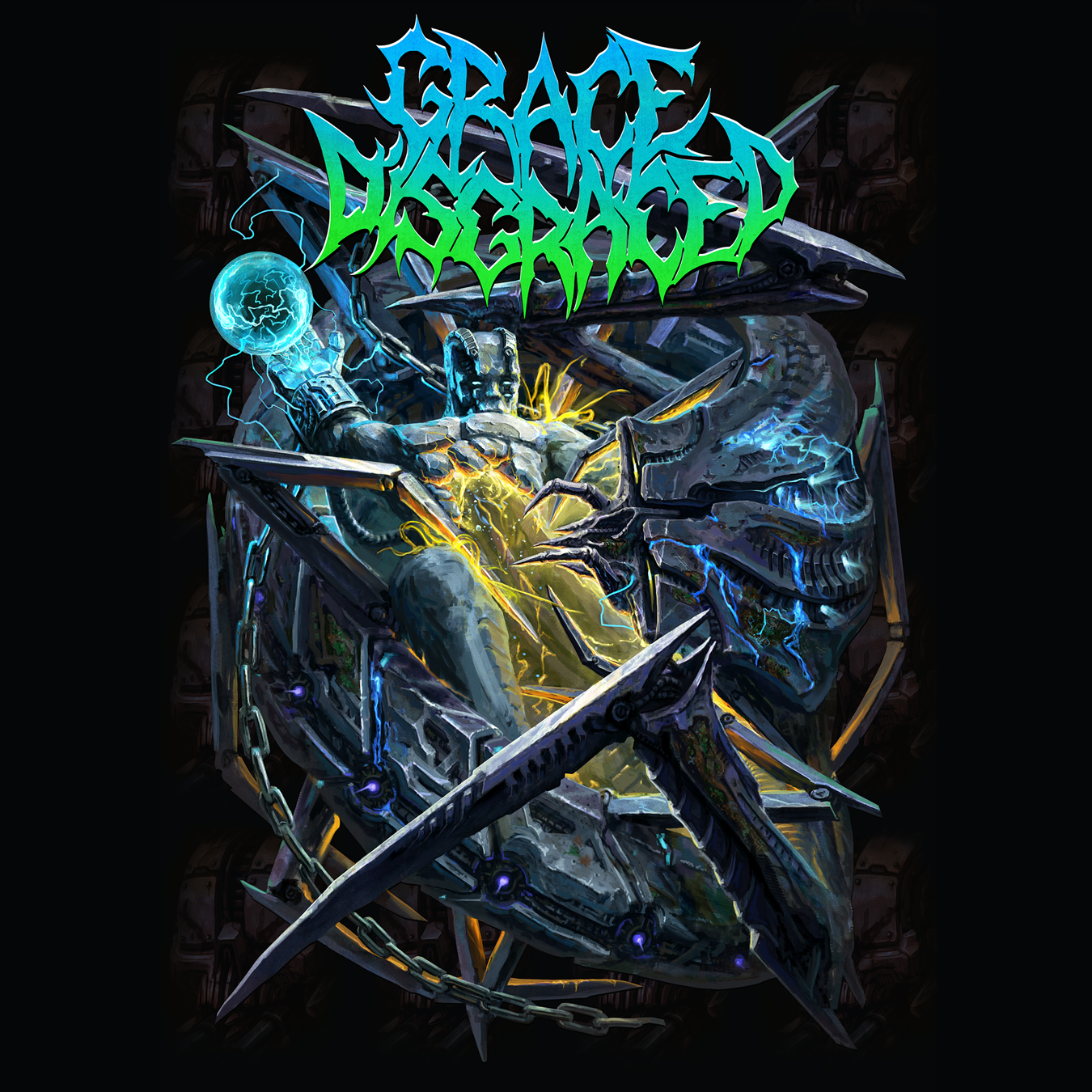 Идея принта для группы Grace Disgraced - Моё, Атлант, Титан, Монстр, Сколопендра, Сколопендра гигантская, Киборги, Борьба, Преодоление, Принт, Обложка, Концепт, Дизайн, Мерч, Death Metal, Metal Cover, Grimdark, Киберпанк, Темное фэнтези, Alexeyvirus, Длиннопост