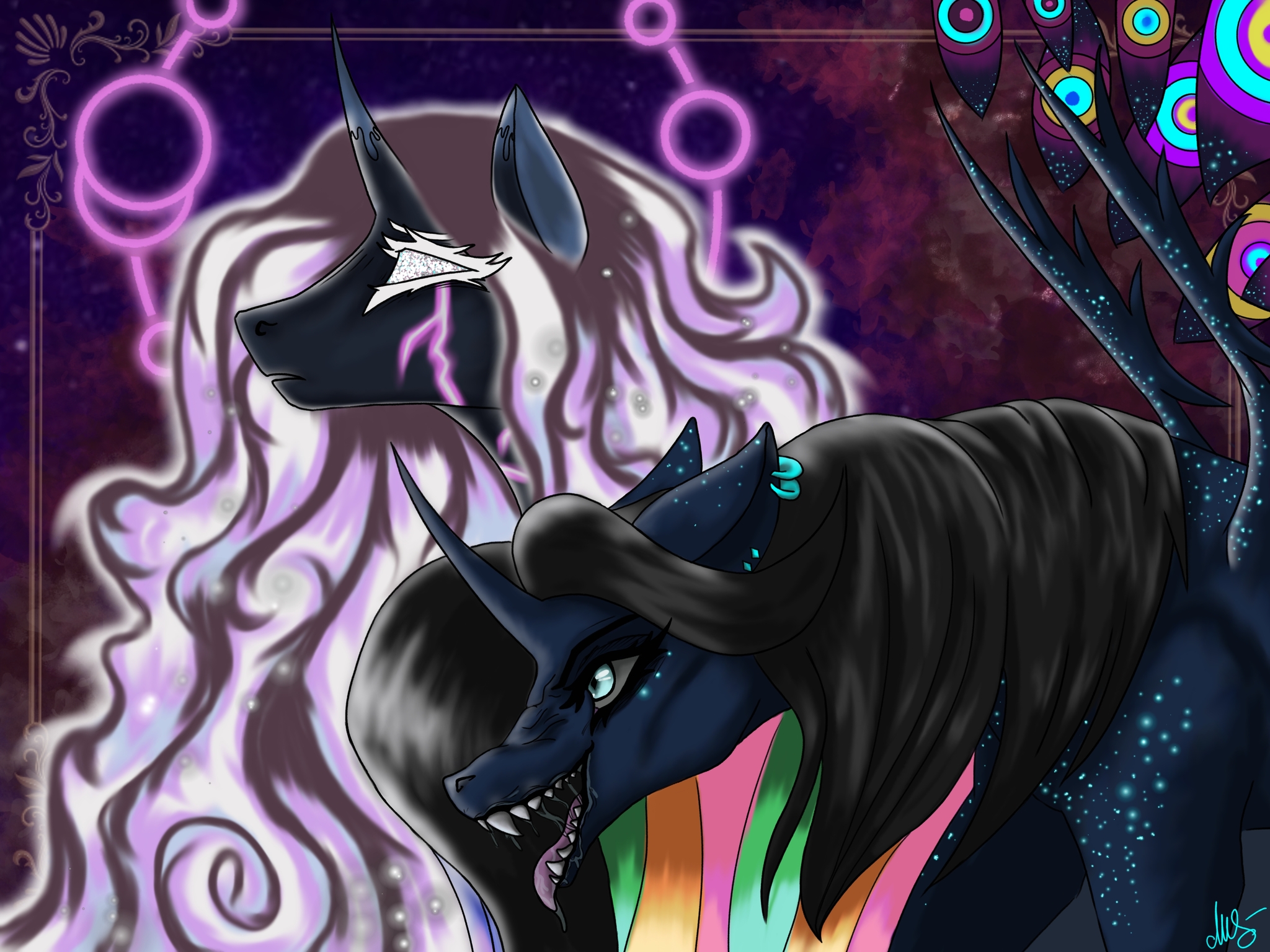Two sides - My, Art, Art, Digital, Pony, My little pony, PonyArt, Space, Universe, Longpost, Lore of the universe, Sisters, Chaos, Dream