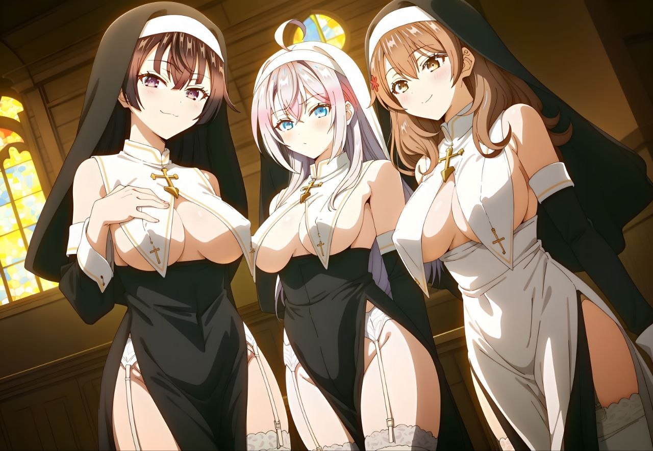 Wow... what nuns! - Neural Network Content, Anime, Anime art, Roshidere, Alisa Mikhailovna Kujou, Suou Yuki, Maria Mikhailovna Kujou, Monastery, Nun, 18+, NSFW