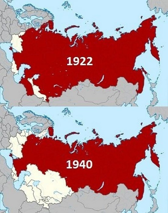 Рис. 6. 1922-1940 РСФСР «красныя изъятия» - Красноводск, Гурьев, Уральск, Петропавловск, Семипалатинск, Верный, Петрозаводск.