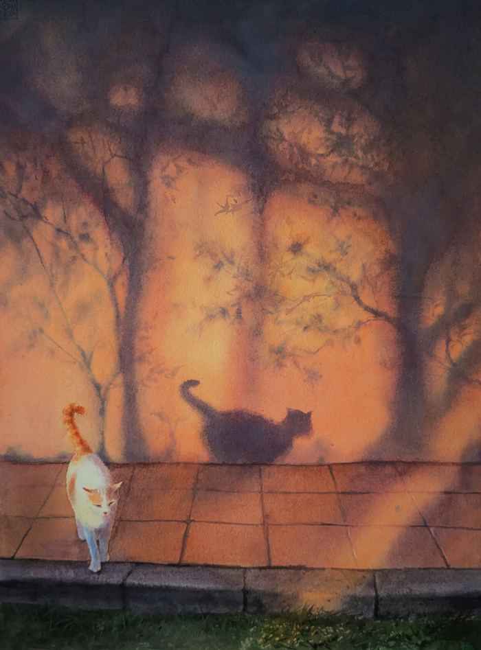 Кот и его тень.Акварель