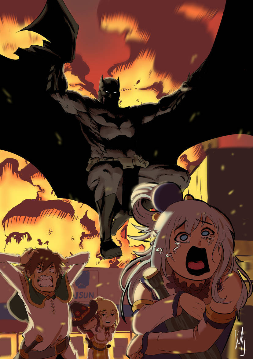 This Dark Knight is too strong for the starting city! - Series My anime is real, Anime, Anime art, Konosuba, Aqua, Satou kazuma, Megumin, Darkness, Batman, Crossover
